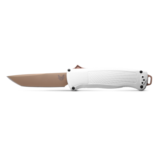 Benchmade Shootout 5370FE-02 front view, 3.51 inch CPM-CruWear FDE tanto OTF automatic Cool Gray knife