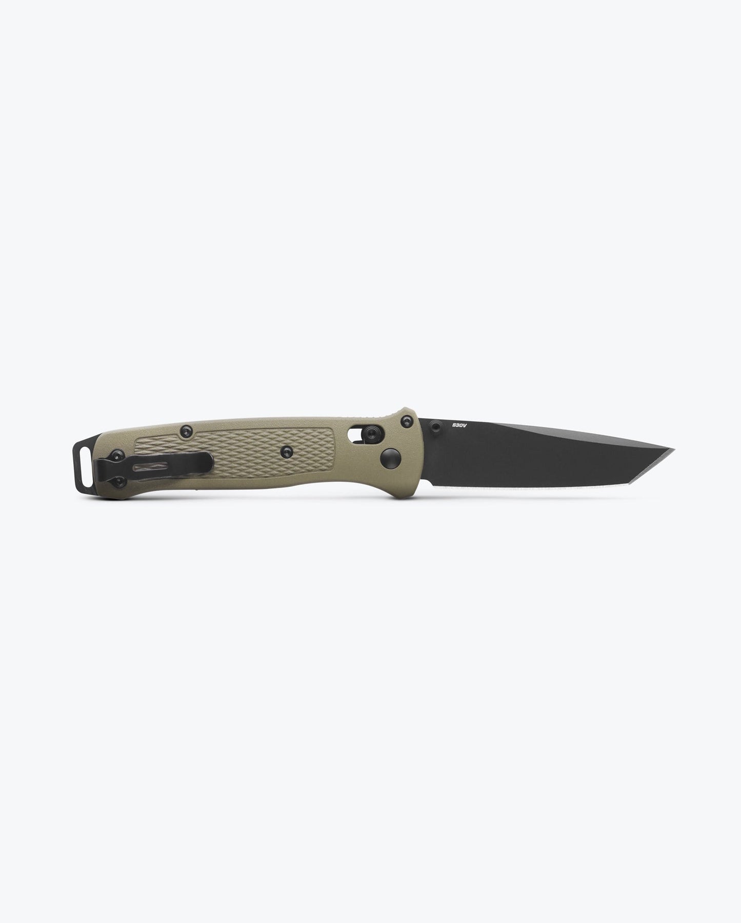 Benchmade Bailout 537BK-06 blade detail, graphite black Cerakote CPM-S30V tanto