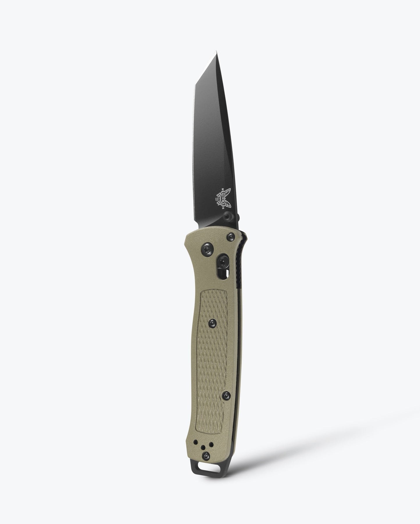 Benchmade Bailout 537BK-06 front view, 3.38 inch CPM-S30V black Cerakote tanto Ranger Green folding knife