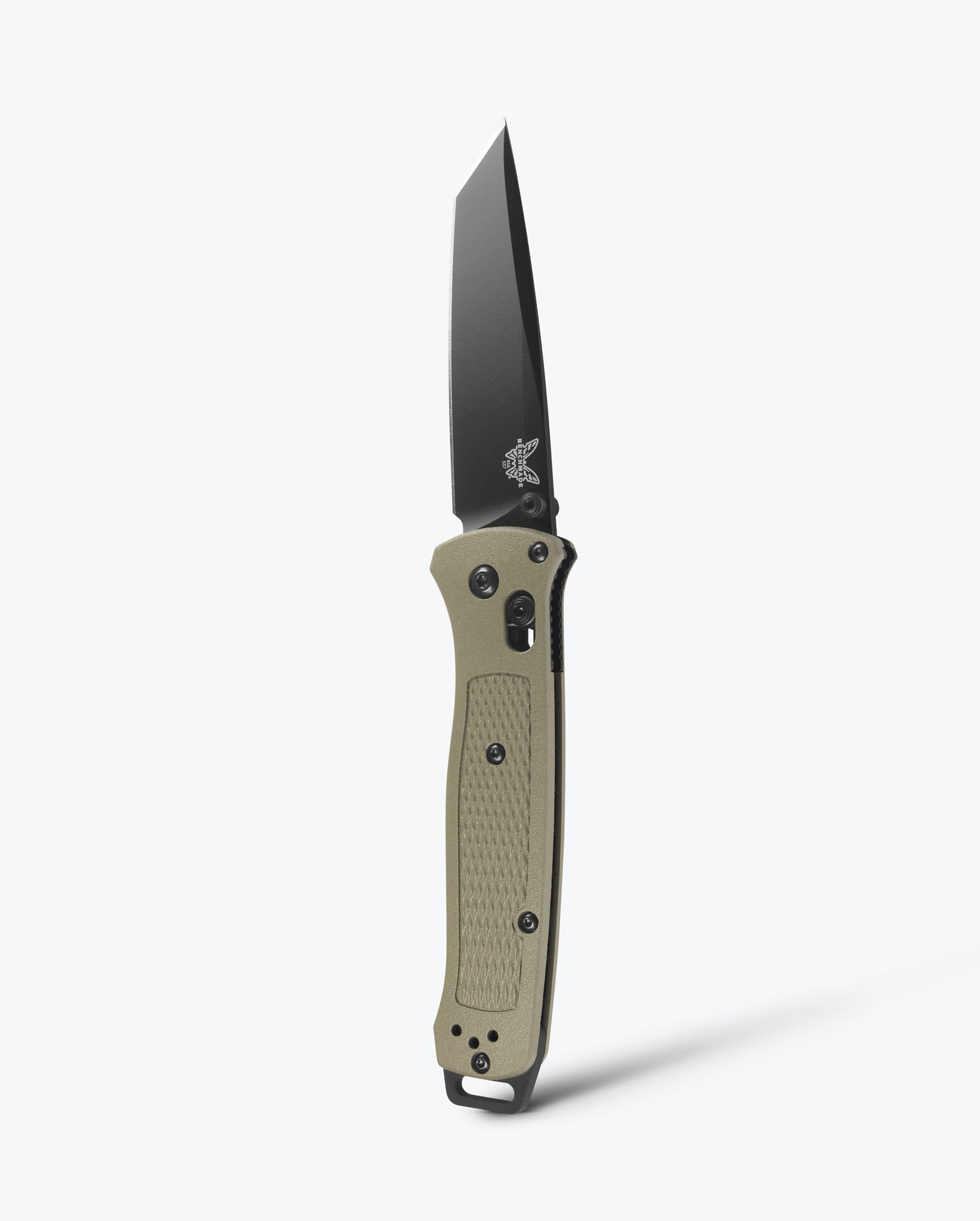 Benchmade Bailout 537BK-06 front view, 3.38 inch CPM-S30V black Cerakote tanto Ranger Green folding knife