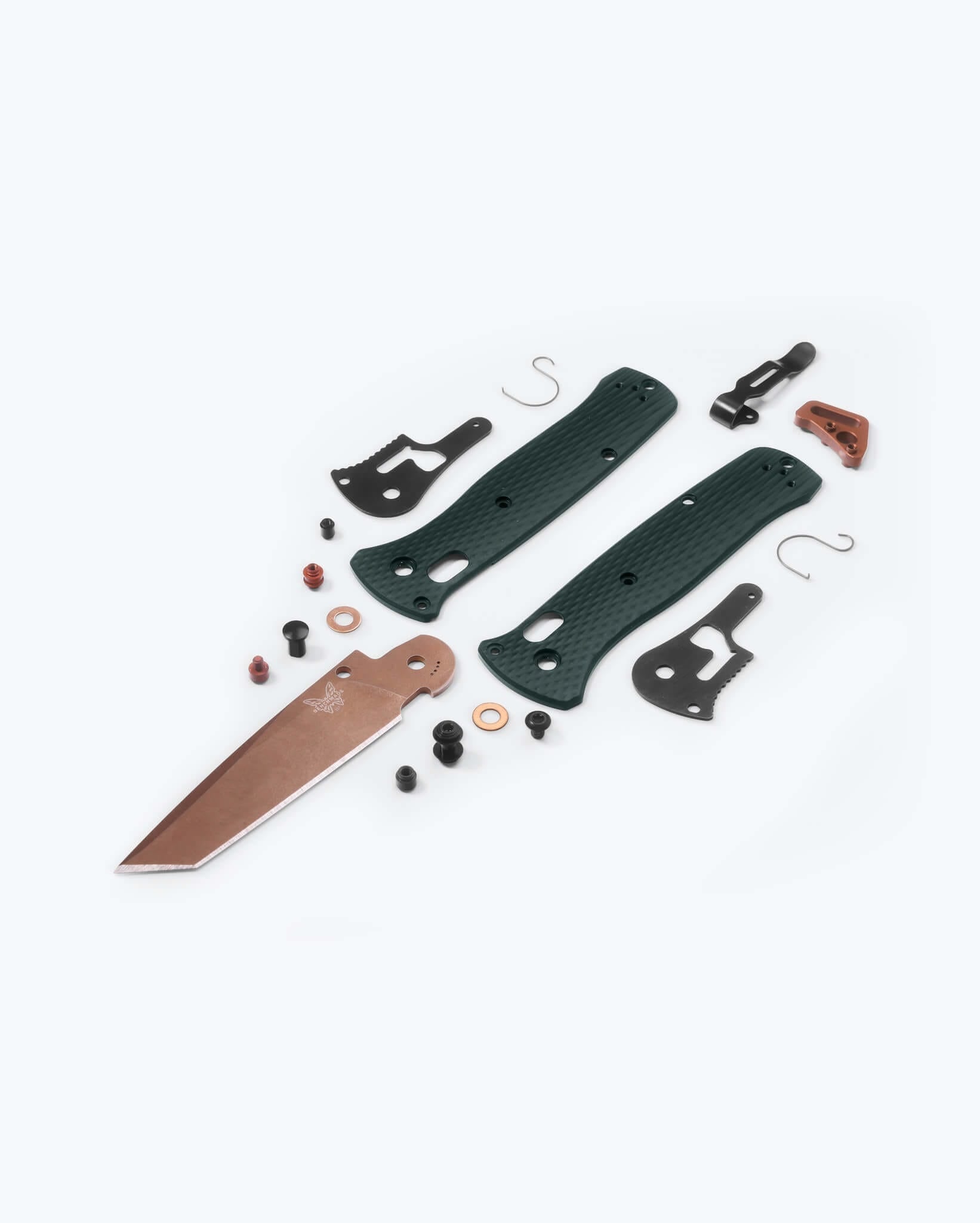 Benchmade Bailout 537FE-2601 disassembled components showing 6061-T6 aluminum handle construction