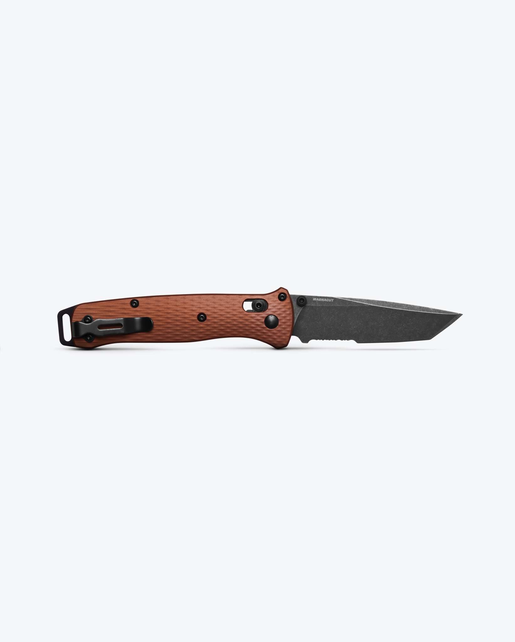 Benchmade Bailout 537SBK-07 blade detail, DLC Battlewash CPM-MagnaCut partially serrated tanto