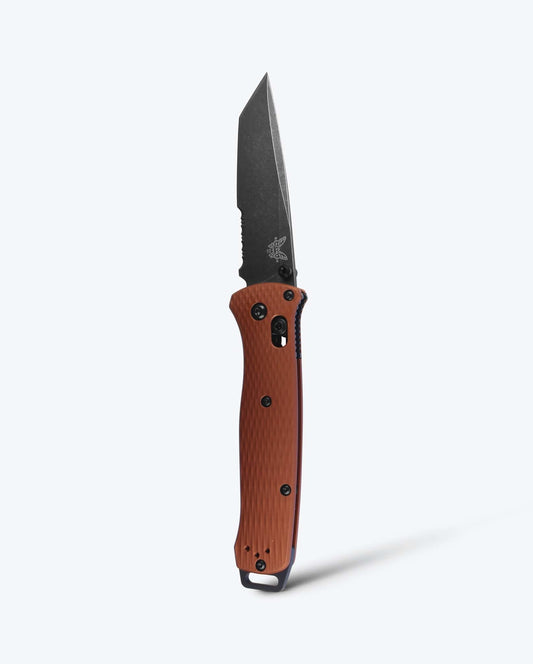 Benchmade Bailout 537SBK-07 front view, 3.38 inch CPM-MagnaCut DLC Battlewash partially serrated tanto folding knife