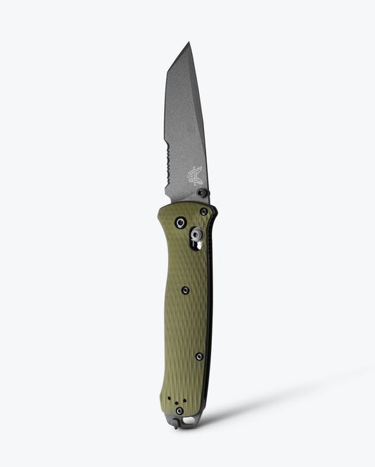 Benchmade Bailout 537SGY-1 front view, 3.38 inch satin CPM-M4 serrated tanto Woodland Green folding knife