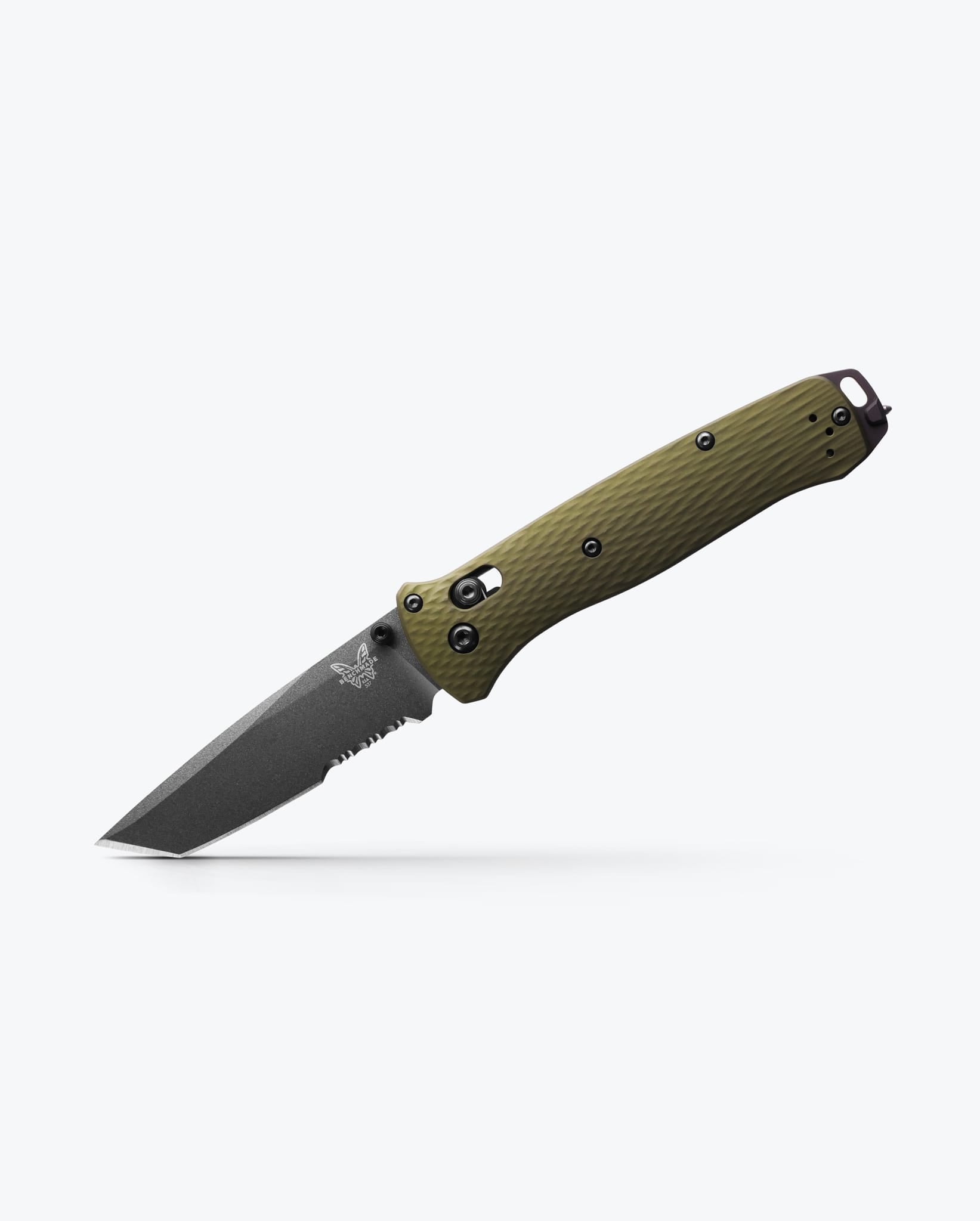 Benchmade Bailout 537SGY-1 open position showing CPM-M4 serrated tanto blade