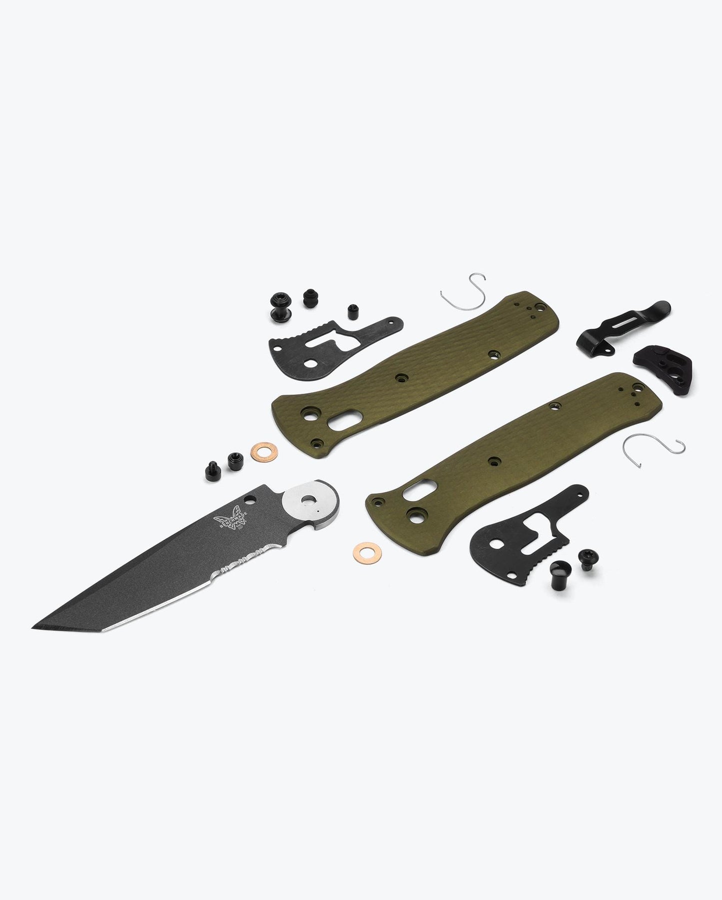 Benchmade Bailout 537SGY-1 Woodland Green anodized aluminum handle and component detail