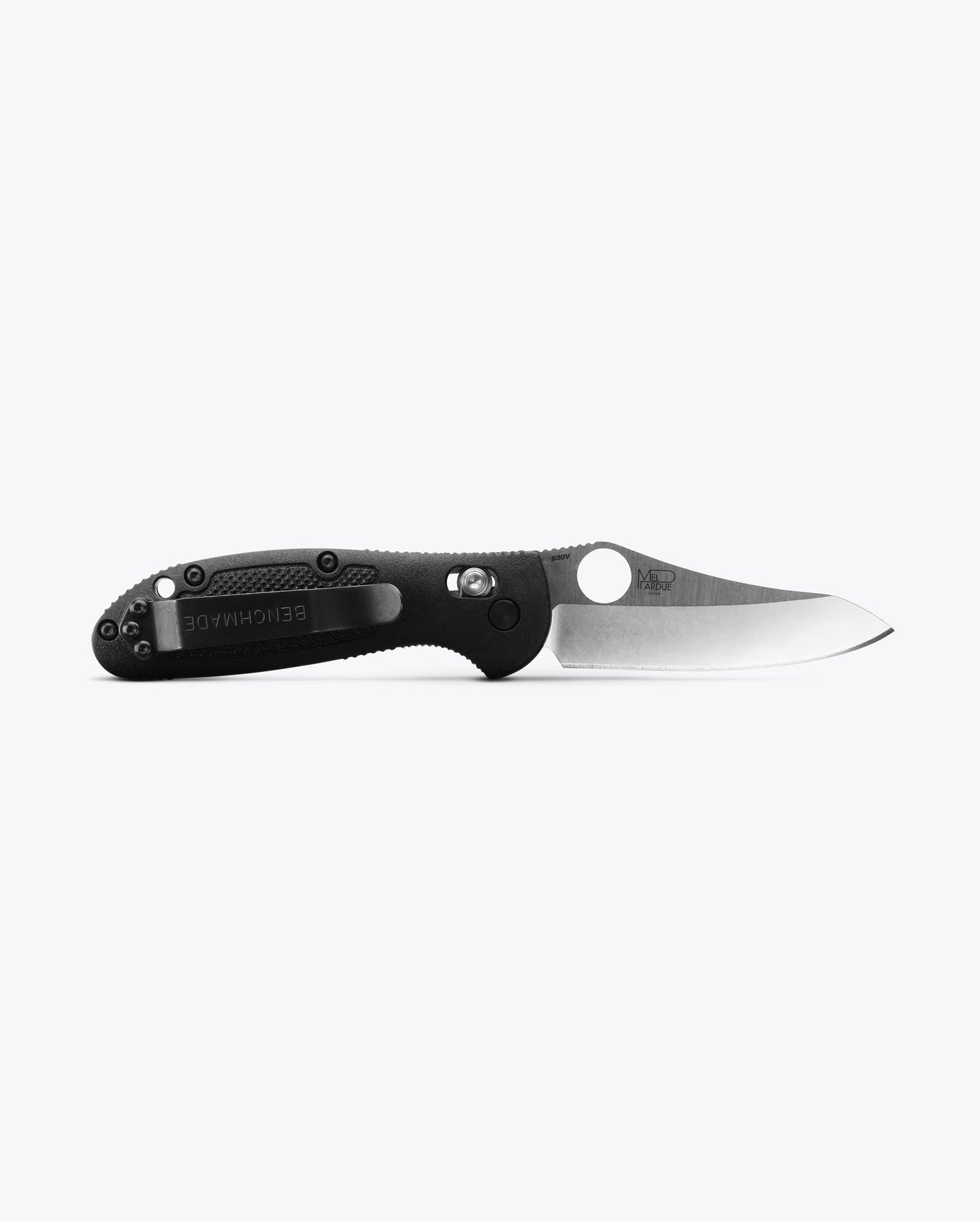 Benchmade Mini Griptilian 555-S30V blade detail, satin CPM-S30V modified sheepsfoot