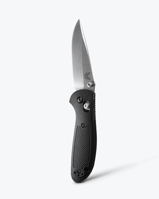 Benchmade Mini Griptilian 556-S30V front view, 2.91 inch satin CPM-S30V drop-point folding knife