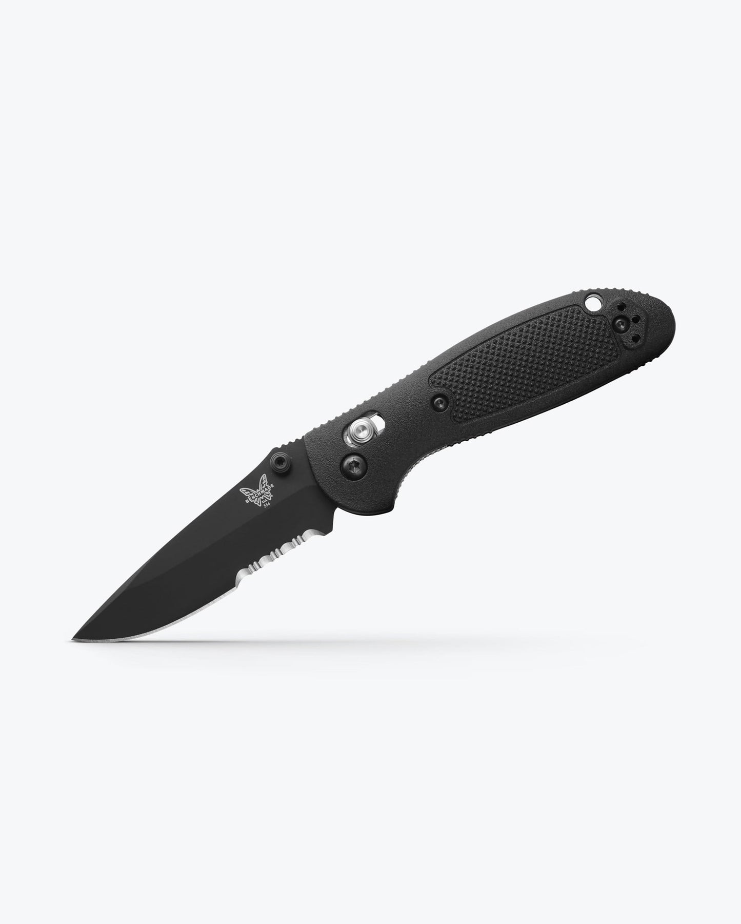 Benchmade Mini Griptilian 556SBK-S30V open position showing black CPM-S30V drop-point blade