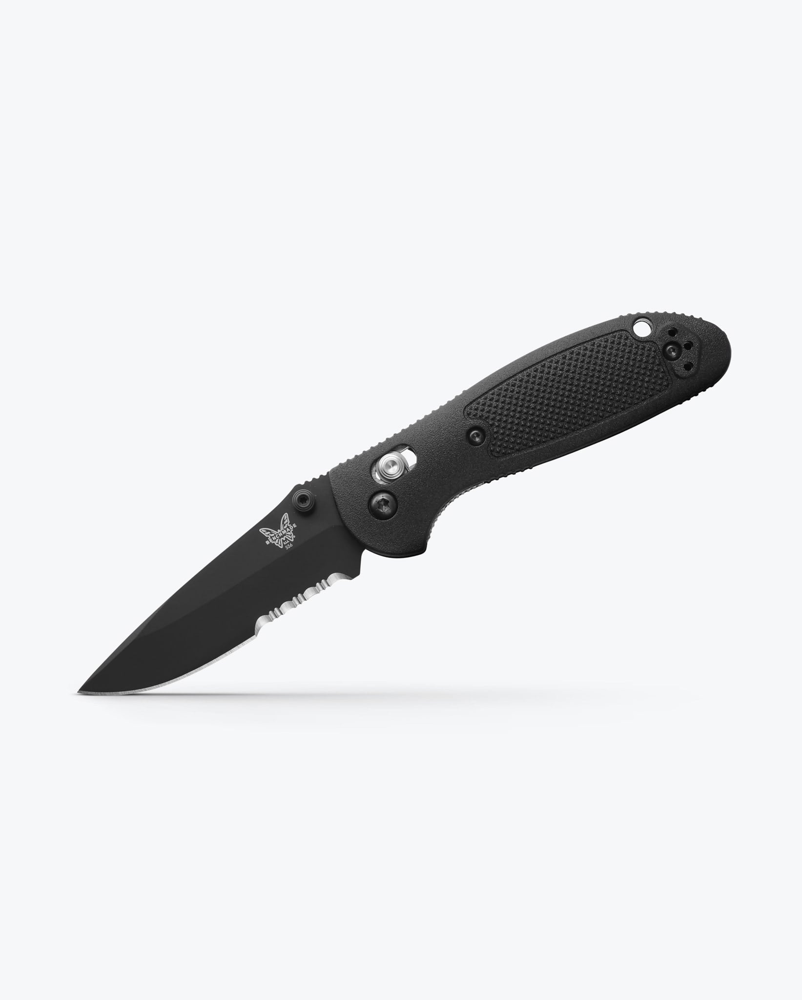 Benchmade Mini Griptilian 556SBK-S30V open position showing black CPM-S30V drop-point blade