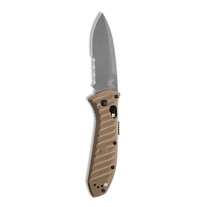 Benchmade Auto Presidio II 5700SGY-1 open position showing CPM-M4 serrated drop point blade