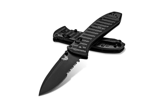 Benchmade Presidio II 570SBK-1 folding knife with 3.72 inch black serrated CPM-S30V drop point blade and black CF-Elite handle