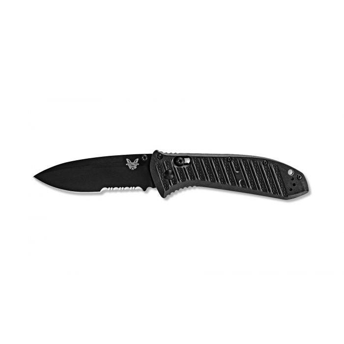 Benchmade Presidio II 570SBK-1 CF-Elite folding knife shown open with black combo edge CPM-S30V blade