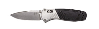 Benchmade Mini Barrage 586 front view – 2.91″ satin M390 drop point AXIS-Assist folding knife, aluminum and black G10