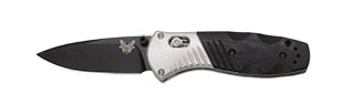 Benchmade Mini Barrage 586BK front view – 2.91″ black 154CM drop point AXIS-Assisted folding knife, black G10 handle