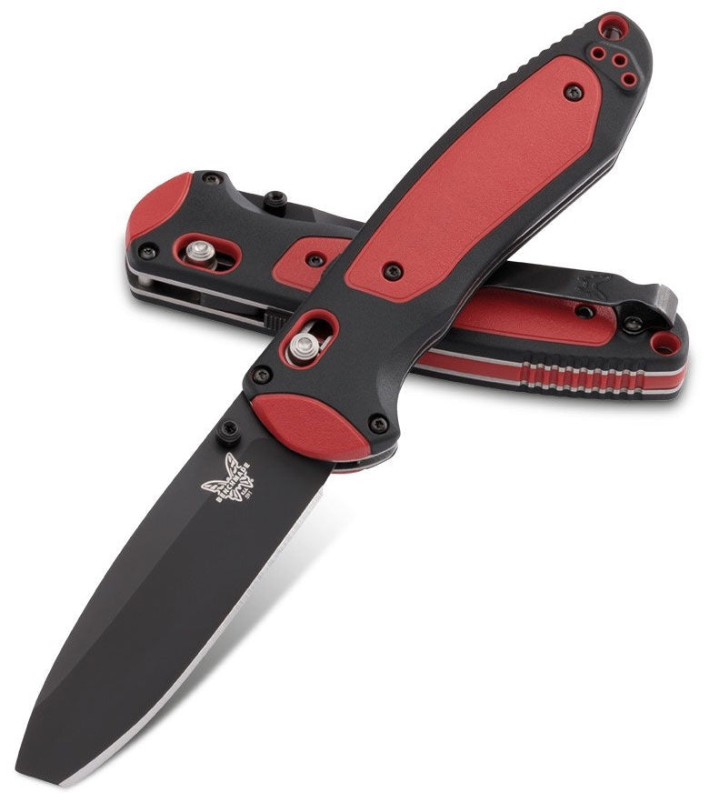 Benchmade Boost 591BK BEN-591BK open and closed pair - black CPM-3V pry tip blade and red/black Versaflex handles