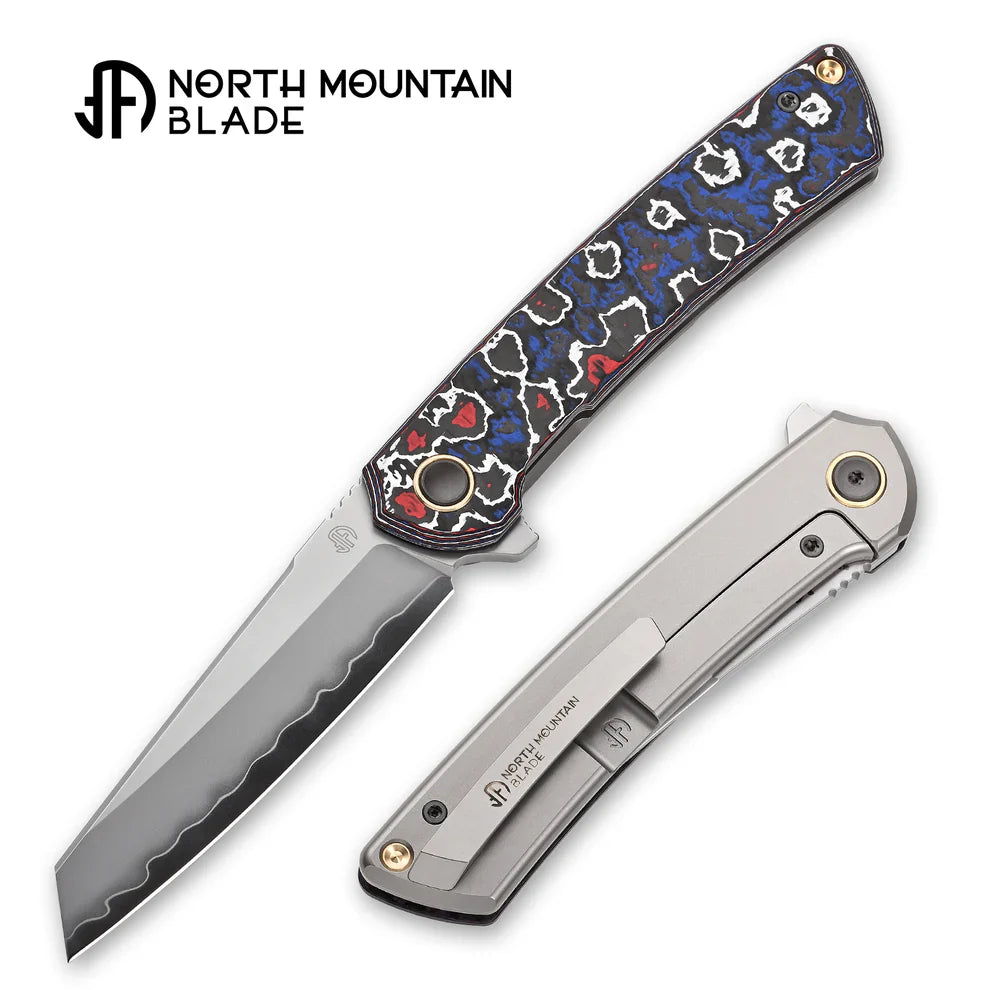 North Mountain Echo 3.5" Sheepsfoot Blade Red & Blue Ceramic Carbon Fiber Titanium Handle