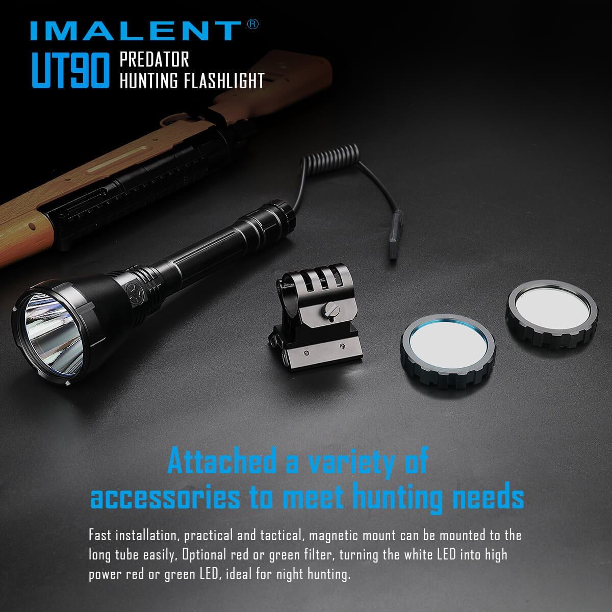 Imalent UT90 Predator 4800 Lumen Rechargeable Flashlight Kit - Red / Green Filters, Mount, pressure switch included