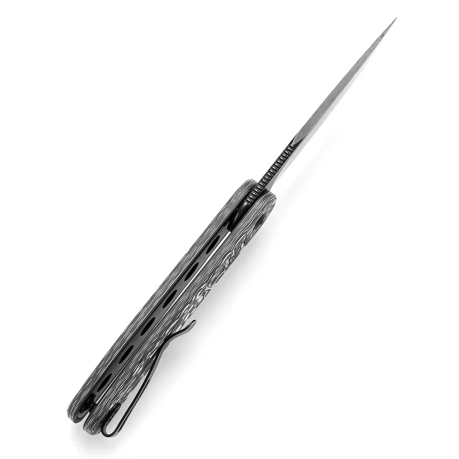 Tenable Einar T2072A4 – 3.13" Blackwash Nitro-V Drop Point Blade, Black & White Carbon Fiber Handle
