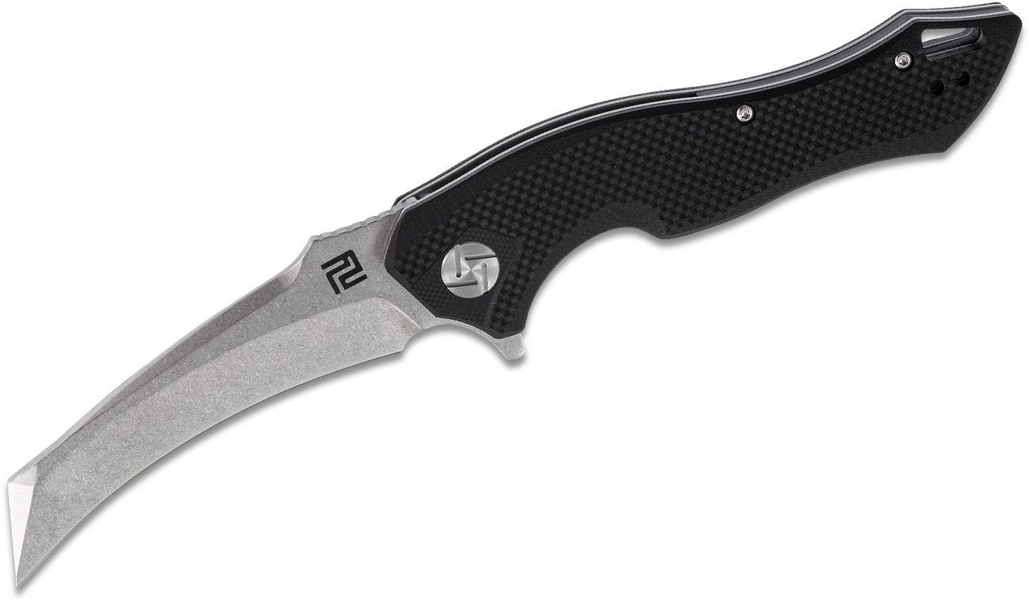ArtisanCutlery Eagle Flipper Knife 3.46" Stonewashed D2 Hawkbill Blade, Black G10 Handles - 1816P-CGF