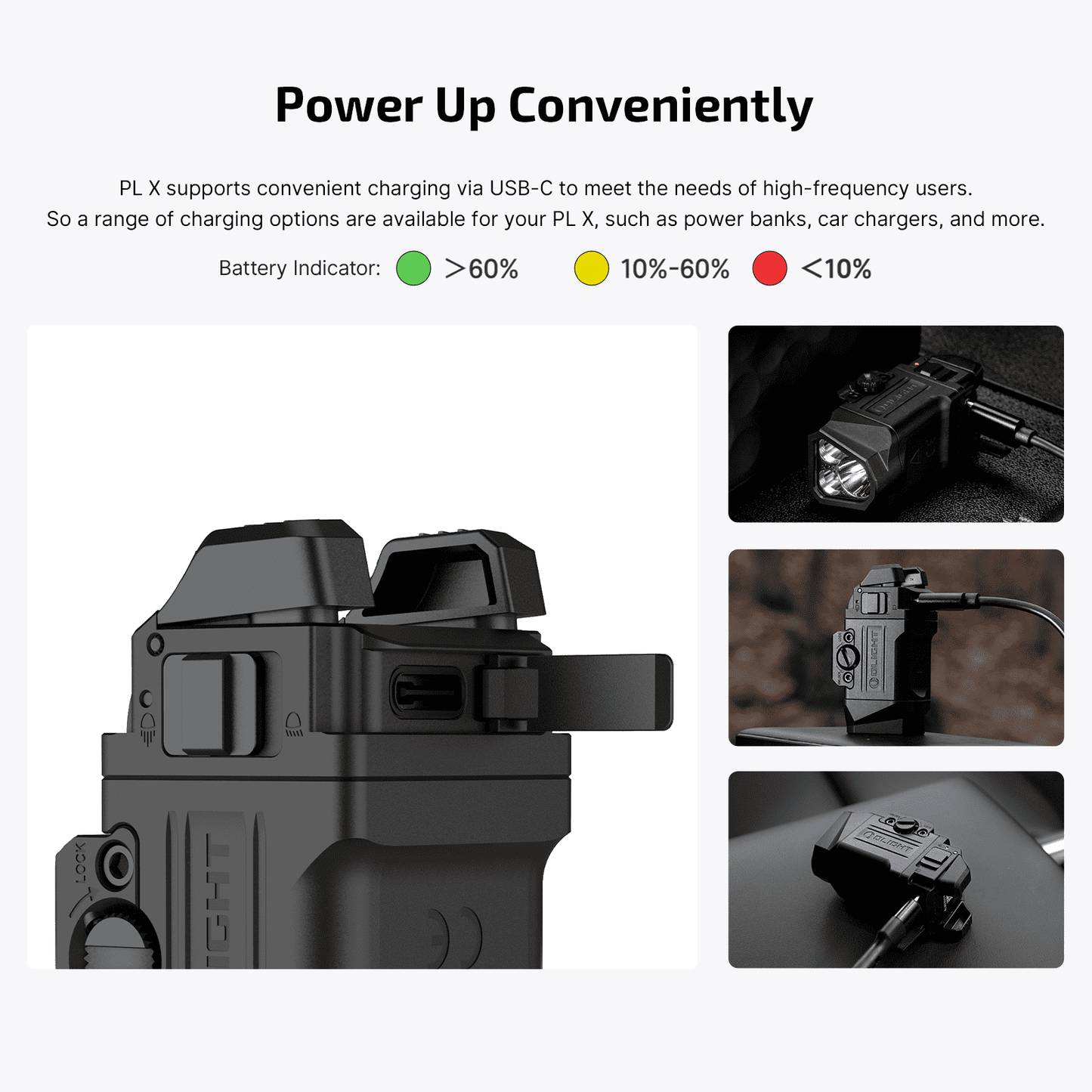 Olight PL-X USB-C convenient charging with battery level indicator
