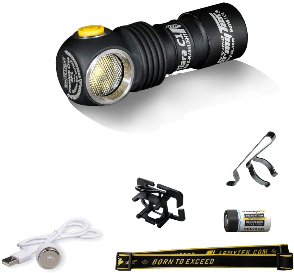 ArmyTek Tiara C1 Warm 980 Lumen Rechargeable Right Angle Headlamp / Flashlight CREE XP-LED 18350 Battery Included