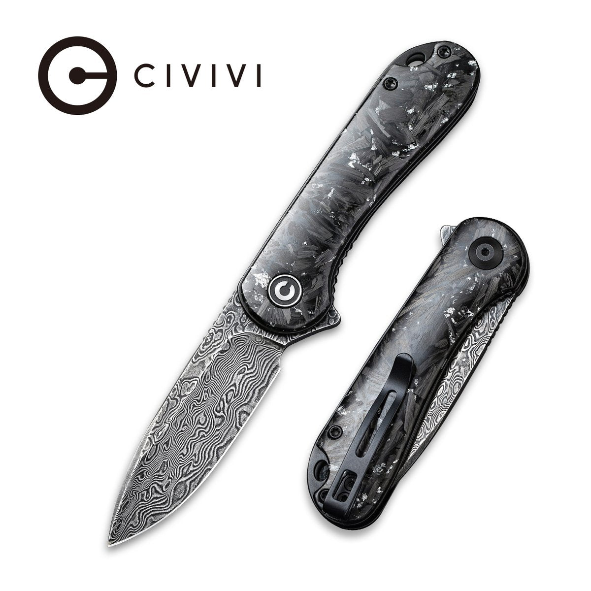 CIVIVI Elementum 907C-DS2 Folding Knife 2.96 in Black Damascus Blade Shredded Carbon Fiber And Silvery Shred Handle