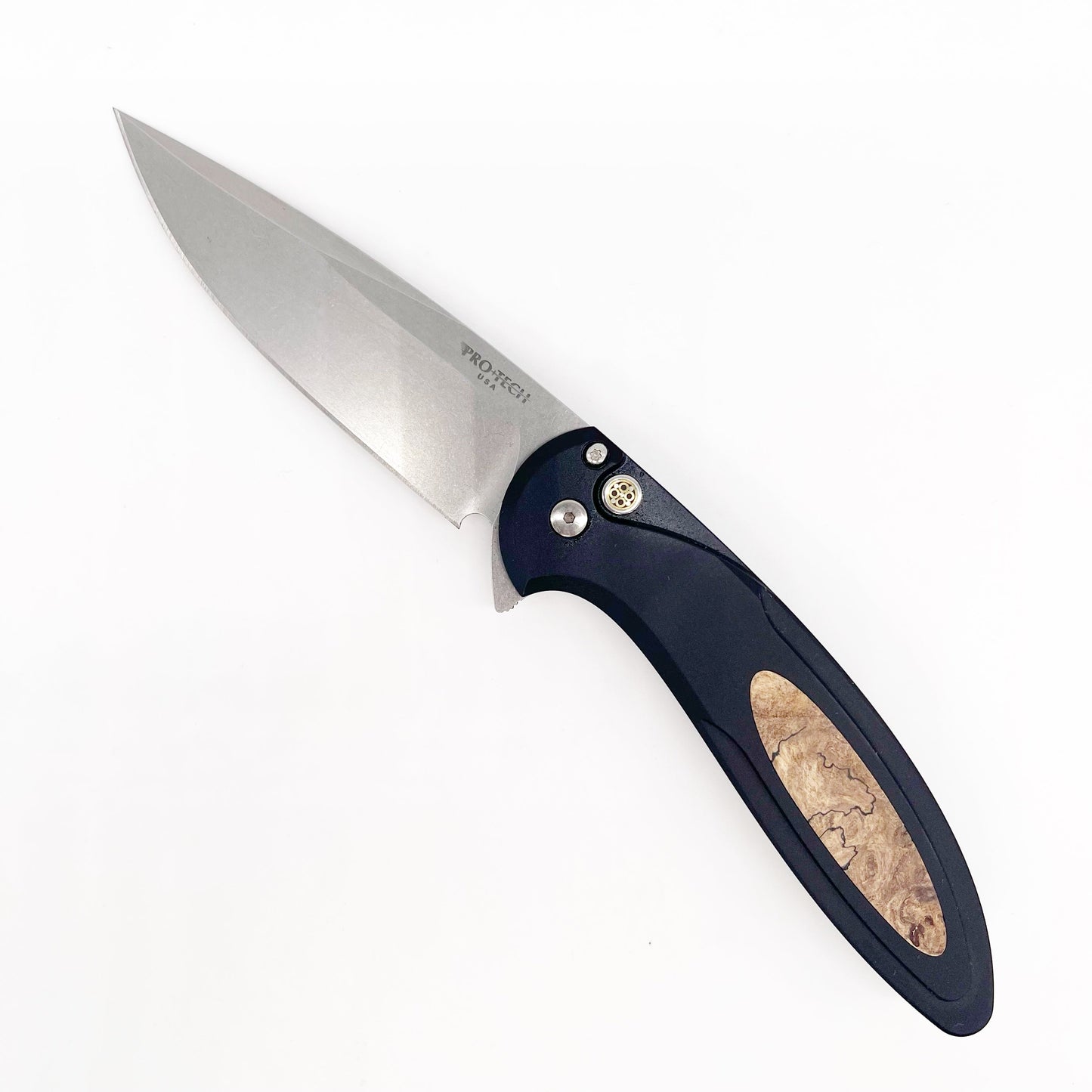 Pro-Tech Cambria 3.5" MagnaCut Button Lock Knife Black Aluminum + Maple Burl – Limited 100 Pieces