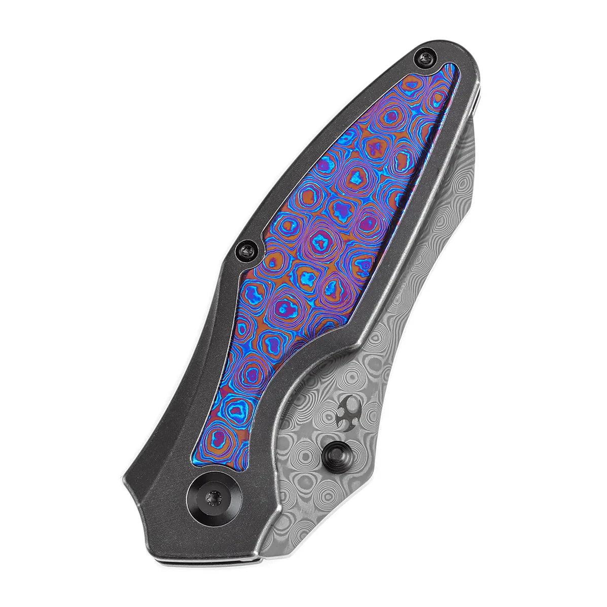 Kansept Baba Yaga 3.06" Damascus Blackwash Titanium + Timascus Inlay + Timascus Clip Blue K1074A8