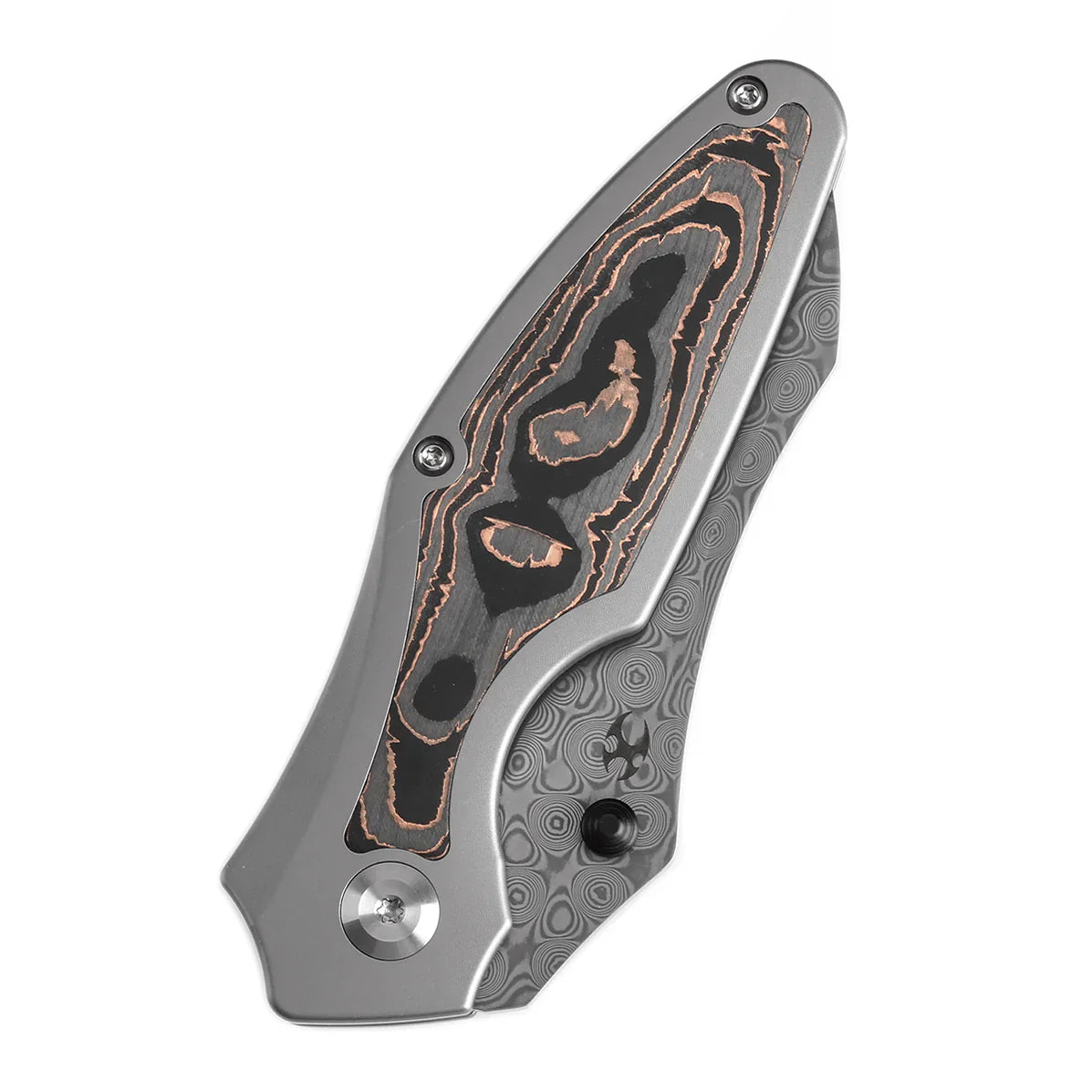 Kansept Baba Yaga 3.06" Damascus Bead Blasted Titanium + Copper Carbon Fiber Inlay Yellow, Blue K1074C2