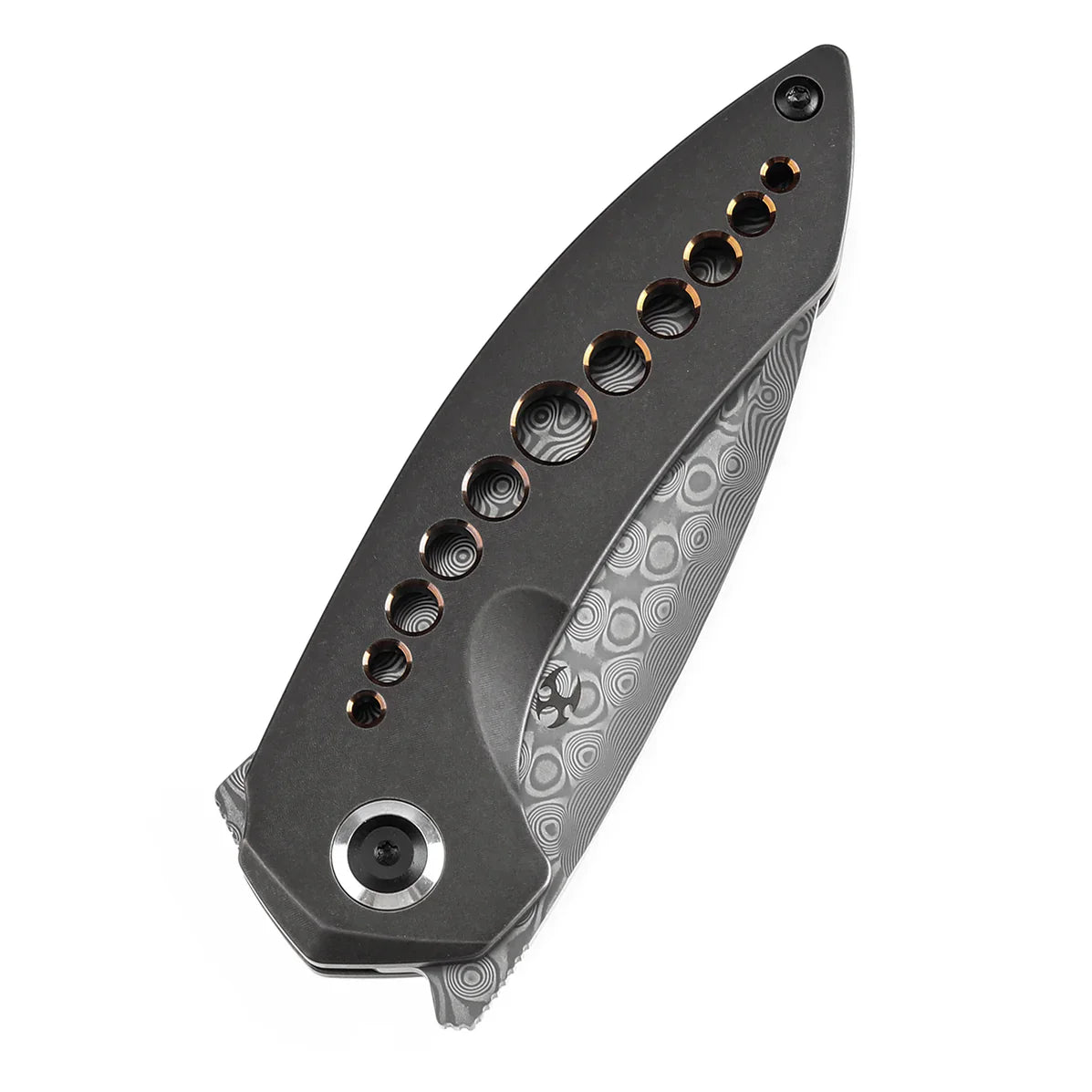 Kansept ODD 21 3.08" Damascus lackwash Titanium with Bronze Anodized Holes Black K1077A3