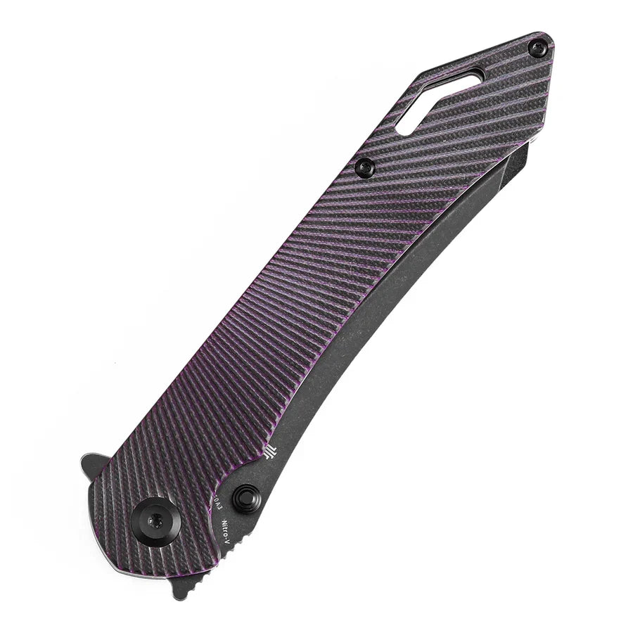 Tenable Colibri Tech T1060A3 – 4.34" Blackwash Nitro-V Blade, Black & Purple G10 Handle