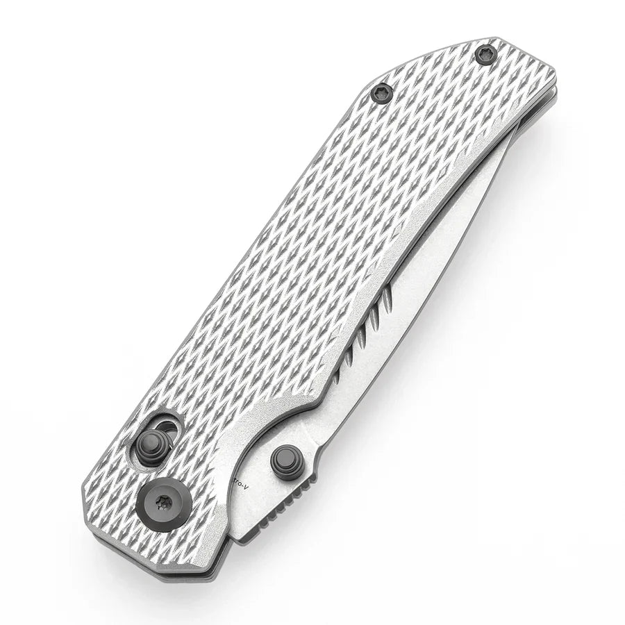 Tenable Eaglestrike T1095V4 – 3.73" Stonewashed Nitro-V Drop Point Blade, Silver Anodized Aluminum Handle with Diamond Pattern