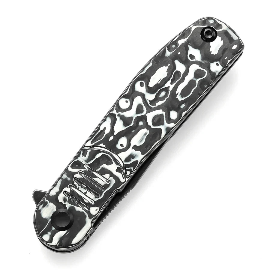 Tenable Einar T2072A4 – 3.13" Blackwash Nitro-V Drop Point Blade, Black & White Carbon Fiber Handle