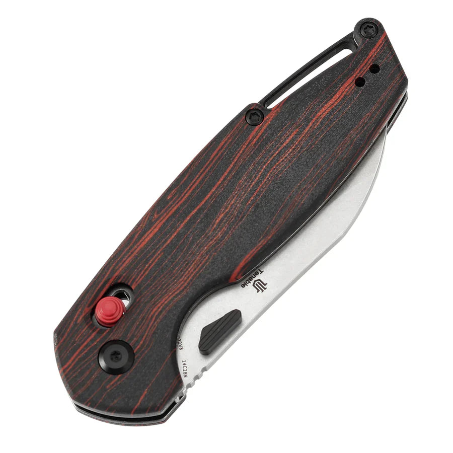 Tenable Model 6 T1022V8 – 3.1" Stonewashed 14C28N Sheepsfoot Blade, Red & Black G-mascus Handle, Crossbar Lock – Designed by Nick Swan