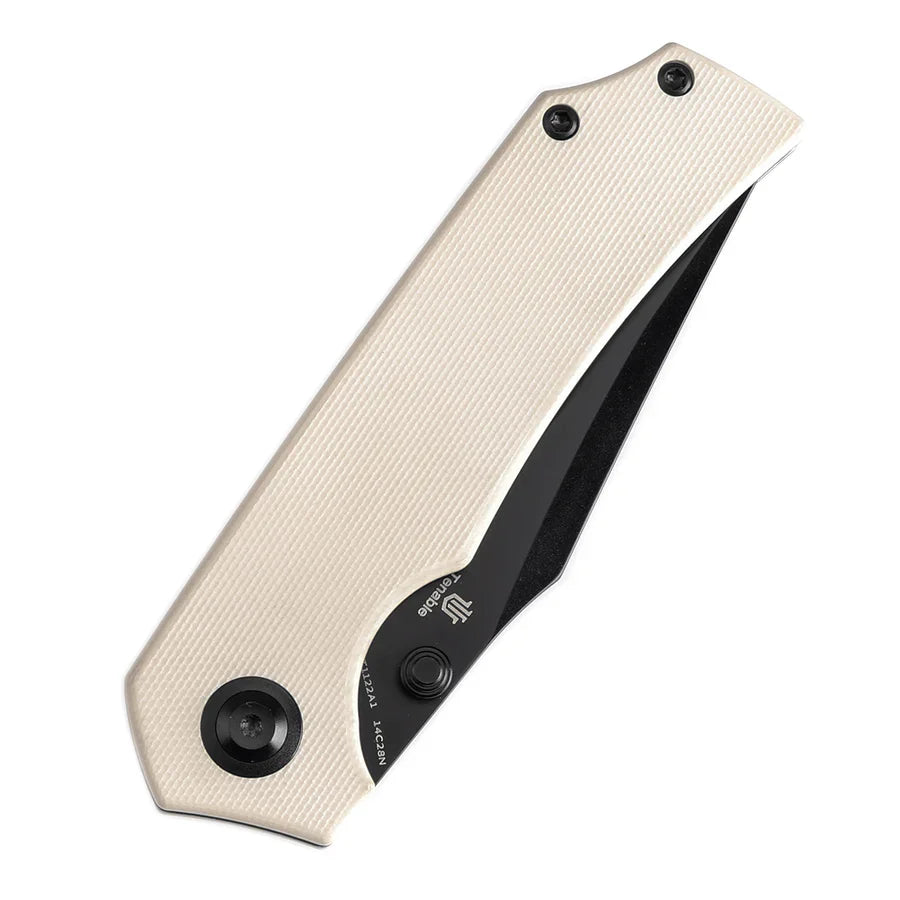 Tenable Fermi T1122A1 – 3.11" Black TiCN-Coated 14C28N Blade, Ivory White G10 Handle with Liner Lock