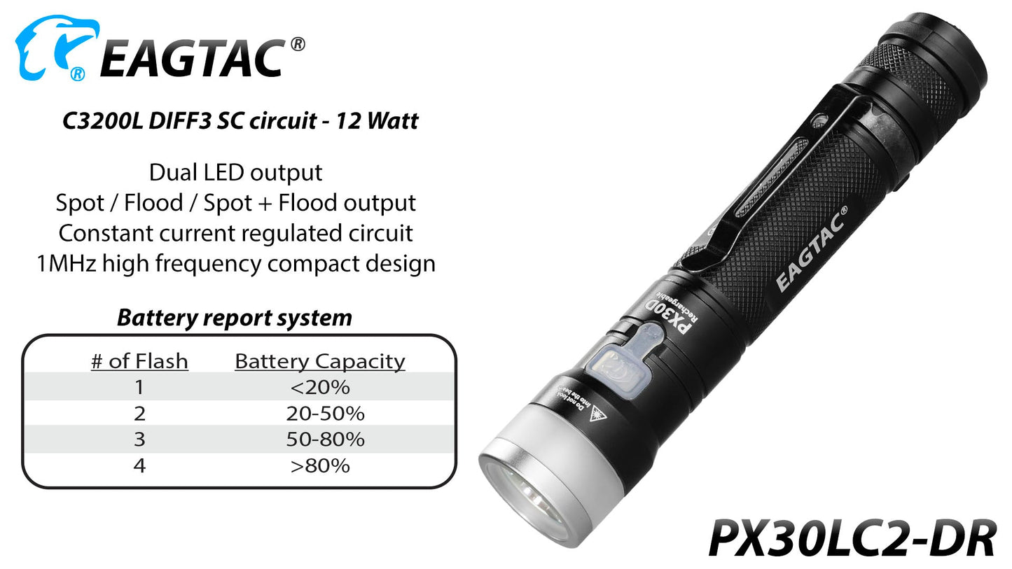 Eagtac PX30LC2DR 1160 Lumen & 600 Lumen 1 x 18650 CREE XP-L Hi LED Flashlight