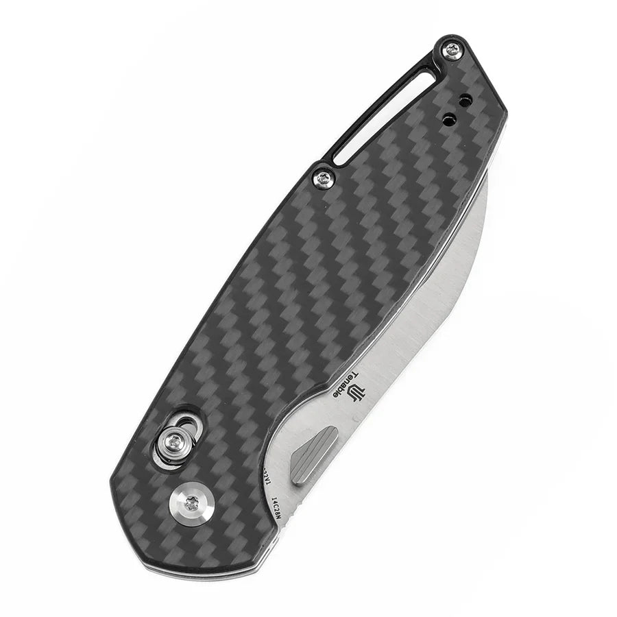 Tenable Model 6 T1022V1 – 3.1" Satin 14C28N Blade, Twill Carbon Fiber Handle with Crossbar Lock