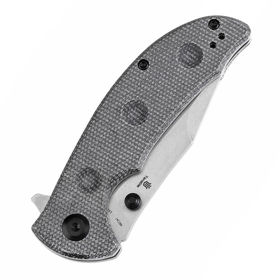 Tenable Rei T1061A3 – 3.3" Stonewashed 14C28N Blade, Black Micarta Handle with Dimples and Liner Lock