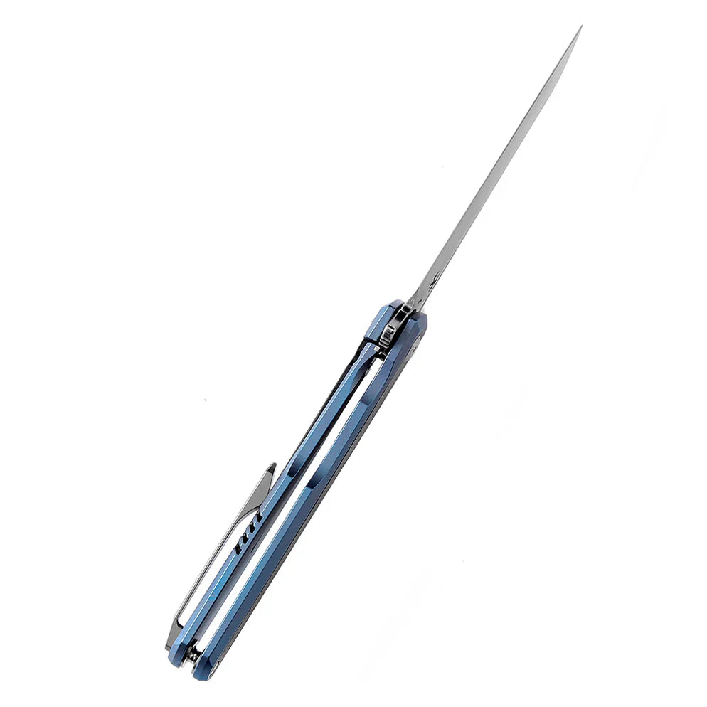 Kansept Arcus K1046A1 – 3.43" Satin CPM-S35VN Wharncliffe Blade, Blue Anodized Titanium Handle with Twill Carbon Fiber Inlays