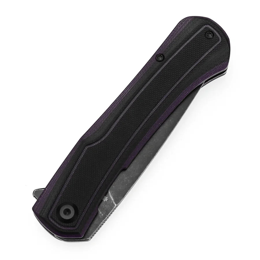 Tenable Kratos T1024A3 – 3.79" Nitro-V Blackwash Drop Point Blade, Black & Purple G10 Handle, Liner Lock – Designed by Ostap Hel