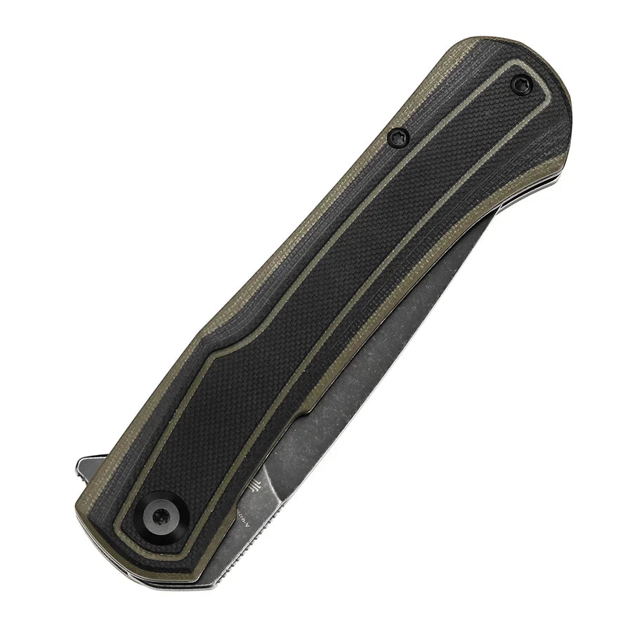 Tenable Kratos T1024A4 – 3.79" Nitro-V Blackwash Drop Point Blade, Black & Green G10 Handle, Liner Lock – Designed by Ostap Hel