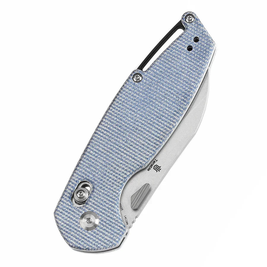 Tenable Model 6 T1022V6 – 3.1" Stonewashed 14C28N Blade, Blue Micarta Handle with Crossbar Lock