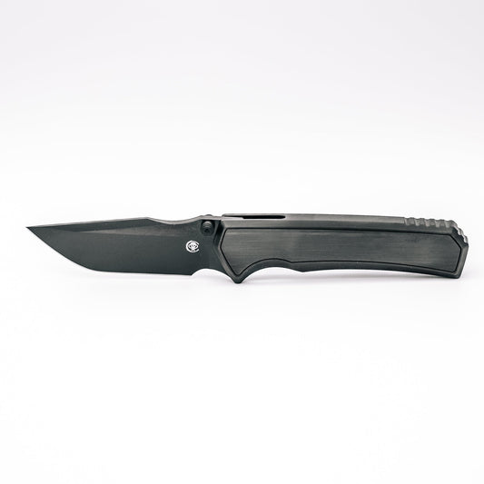 Chaves Knives x Sam Tran Arison Street Black Satin PVD front view – 3.25" Black Satin PVD M390 drop point titanium integral folding knife
