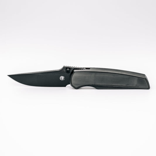 Chaves Knives x Jake McCoy Disciple Street Black Satin PVD front view – 3.60" Black Satin PVD M390 drop point titanium integral folding knife