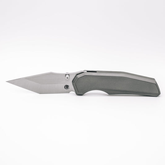 Chaves Knives x Jake McCoy Omega Street Belt Satin front view – 3.50" Belt Satin M390 tanto titanium integral folding knife