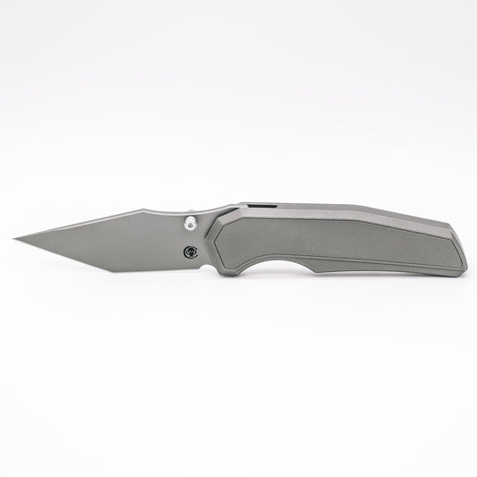Chaves Knives x Jake McCoy Omega Street Stonewash front view – 3.50" Stonewash M390 tanto titanium integral folding knife