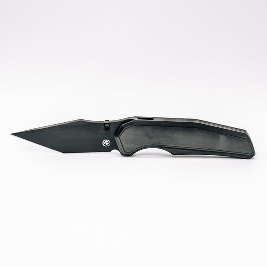 Chaves Knives x Jake McCoy Omega Street Black Satin PVD front view – 3.50" Black Satin PVD M390 tanto titanium integral folding knife