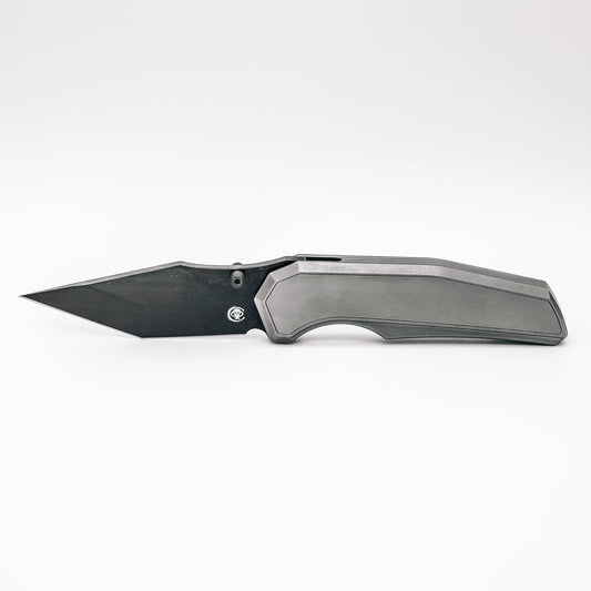 Chaves Knives x Jake McCoy Omega Street Bright SW DLC front view – 3.50" DLC M390 tanto titanium integral folding knife