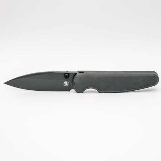 Chaves Knives x Brad Blount Phase 229 Gray PVD front view – 3.75" Gray PVD M390 drop point titanium integral folding knife